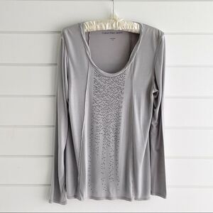 Calvin Klein Grey Long Sleeve Lightweight Top With Studs Jewels Grommets MT
